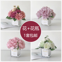 (1 set) Nordic square vase bouquet set desktop decorative floral ornaments home simulation flowers