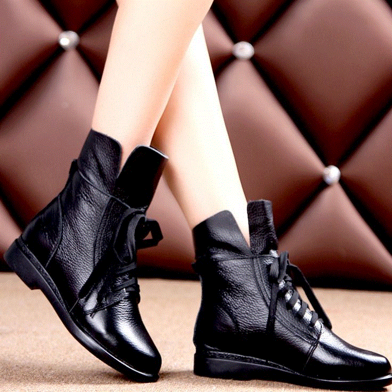 帝王春夏真皮短靴平底女半靴中筒马丁软皮靴女士单鞋复古休闲系带