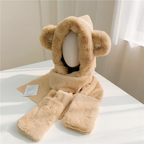Korean bear hat scarf one versatile cute female winter thick ears plush hooded warm