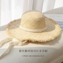 South Korea Net red wool edge fashion lace ribbon straw hat hipster summer trip big eaves shade sun hat