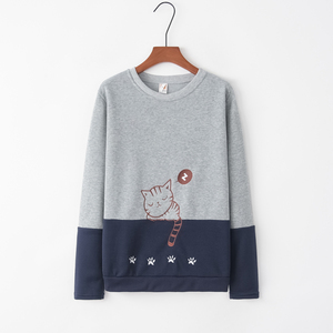 European and American popular long sleeve color matching cartoon cat animal embroidered sweater