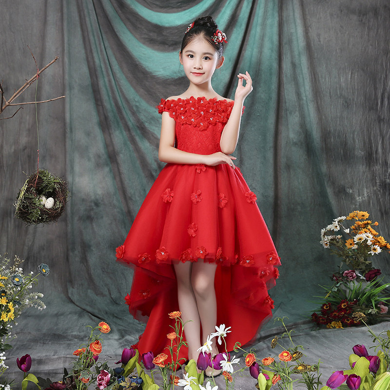 一字肩红色儿童礼服公主裙钢琴演出服花童婚纱裙女童生日晚礼服夏