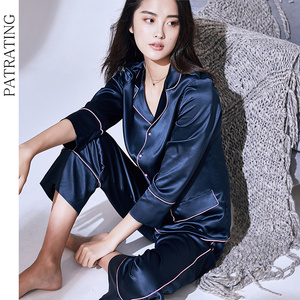 PATRATING丝绸睡衣女春秋性感长袖套装情侣夏季薄款绸缎男家居服