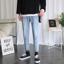 Nine-point jeans mens slim-fitting small feet tide brand new Korean version of the trend mens light blue summer thin mens pants