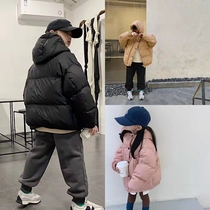 Childrens down jacket bread jacket plus velvet thickened short hooded solid color boys and girls winter coat white duck down