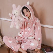 SLP couple pajamas autumn and winter coral fleece men and women hooded thick plus velvet winter flannel home service suit