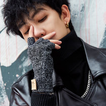 Knitted half-finger gloves Guochao mens autumn and winter outdoor plus velvet warm non-slip fashion printing trendy student writing