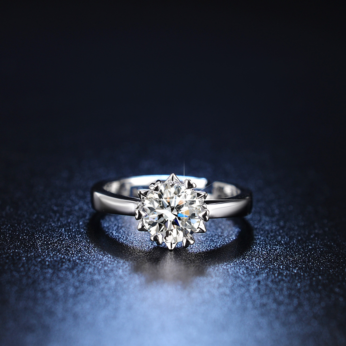 s925纯银镶钻戒指轻奢时尚一克拉莫桑钻戒六爪戒指活口可调节