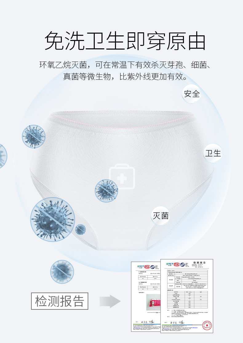 免洗卫生即穿原由环氧乙烷灭菌,可在常温下有效杀灭芽孢、细菌、真菌等微生物,比紫外线更加有效。安全卫生灭菌5①5检测报告-推好价 | 品质生活 精选好价