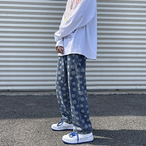 Jeans mens loose straight spring and autumn new Hong Kong wind wide legs trend Joker casual long pants student tide card
