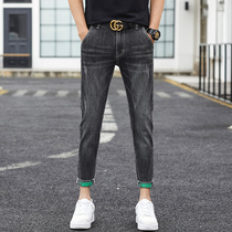 Autumn new jeans mens nine points slim body Korean trend small feet trousers letter curling black 9 points pants