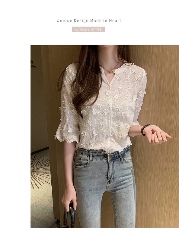 Mùa hè phong cách mới thêu trắng tinh khiết bông trumpet tay áo T-shirt cổ chữ V đáy áo sơ mi voan ngắn tay hàng đầu xu hướng của phụ nữ - Áo phông