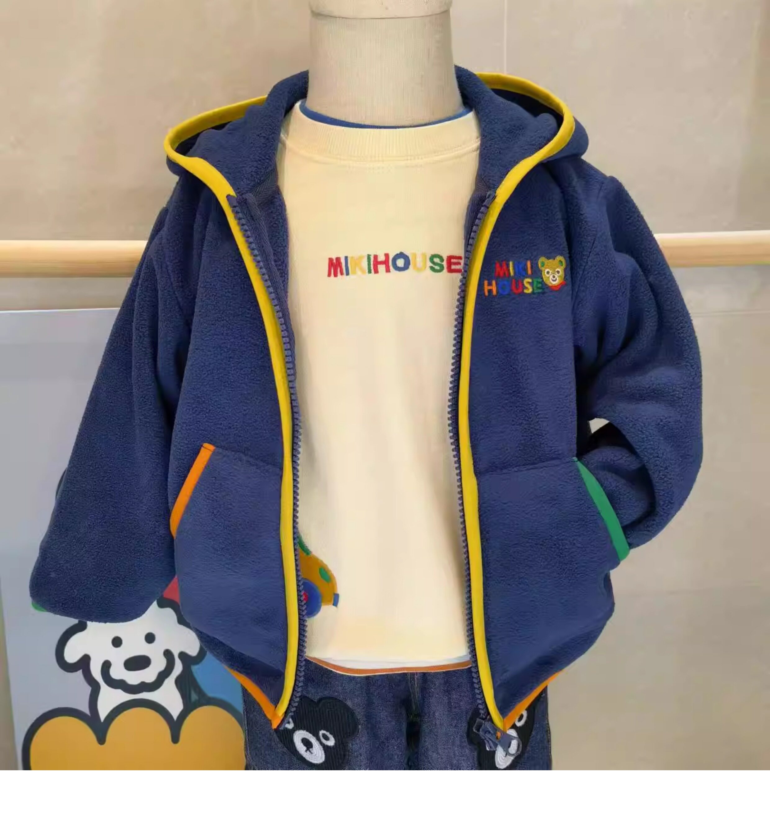 miki24秋冬款日系男女儿童装小熊拉链开衫连帽双面摇粒绒保暖外套