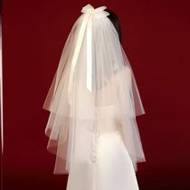 Big bow veil license photo registration white gauze wedding headwear ritual props Bride wedding dress