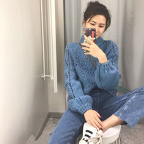 Soft Milky Blue Lazy Breeze Cocoon Type headsets Japanese sweater womens autumn and winter loose outside wearing hollowed-out half-high collar knit blouses