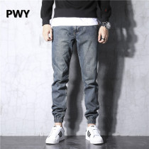 Tide brand 2021 spring and autumn leggings mens tooling jeans slim straight small feet stretch trend all-match Korean version