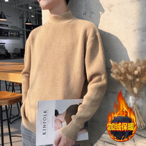 Chao brand autumn and winter mens solid color sweater half turtleneck sweater plus velvet thickened warm harbor style Korean version