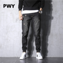 Tide brand 2021 spring and autumn elastic ripped jeans mens small feet slim Korean version of the trend leggings straight pants
