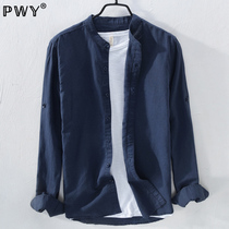 Tide Sign Men Linen Long Sleeve Collar Shirt Spring Summer Season Hemp Cloth Mens Clothing Youth Cotton Linen Lining Jacket Inch