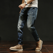 Tide brand 2021 autumn and winter loose size jeans mens elastic waist trend Joker Harlan casual pair trousers