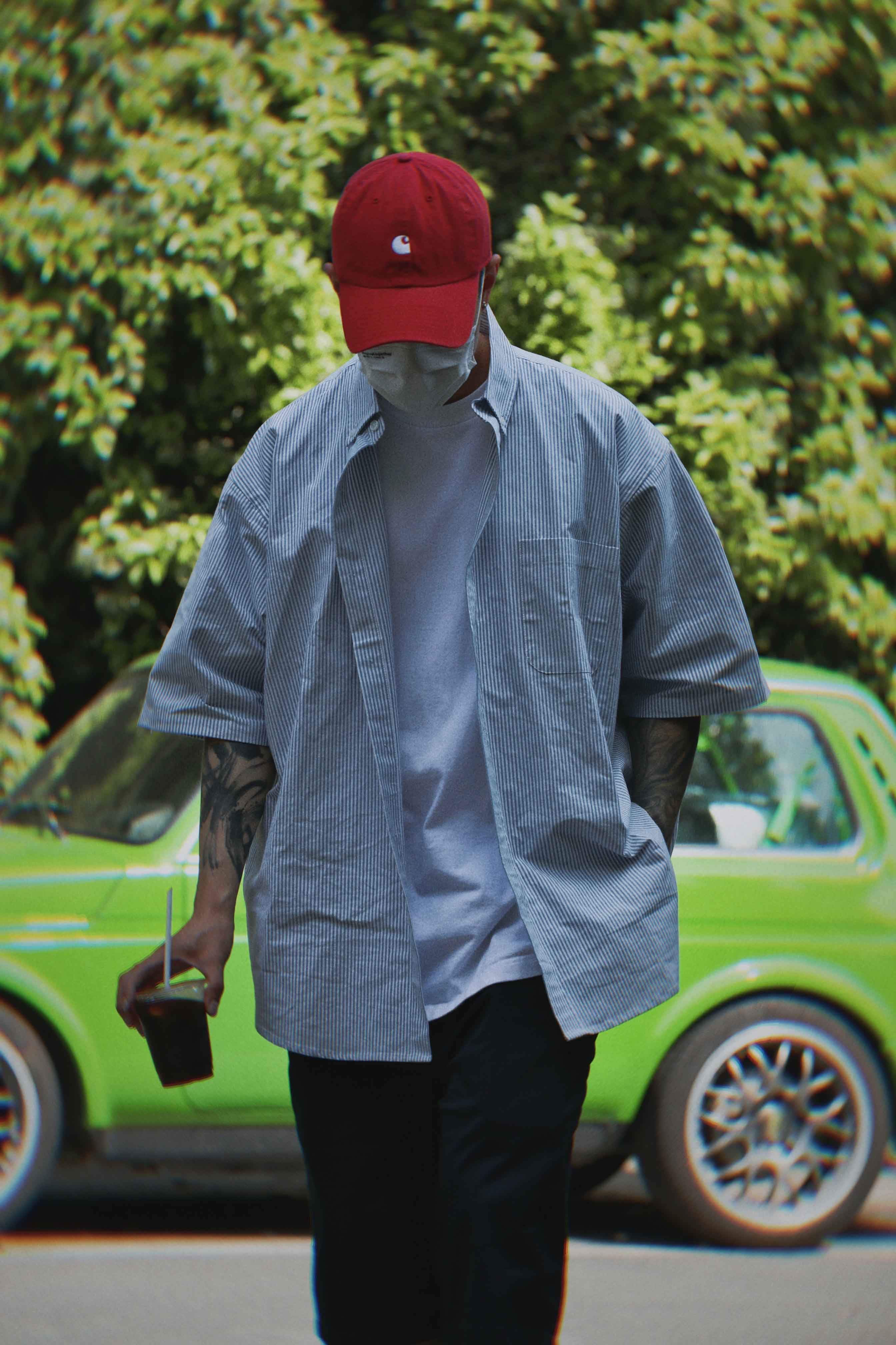 cityboy风格宽松蓝白条纹短袖衬衫潮日系宽松复古衬衣男士p68