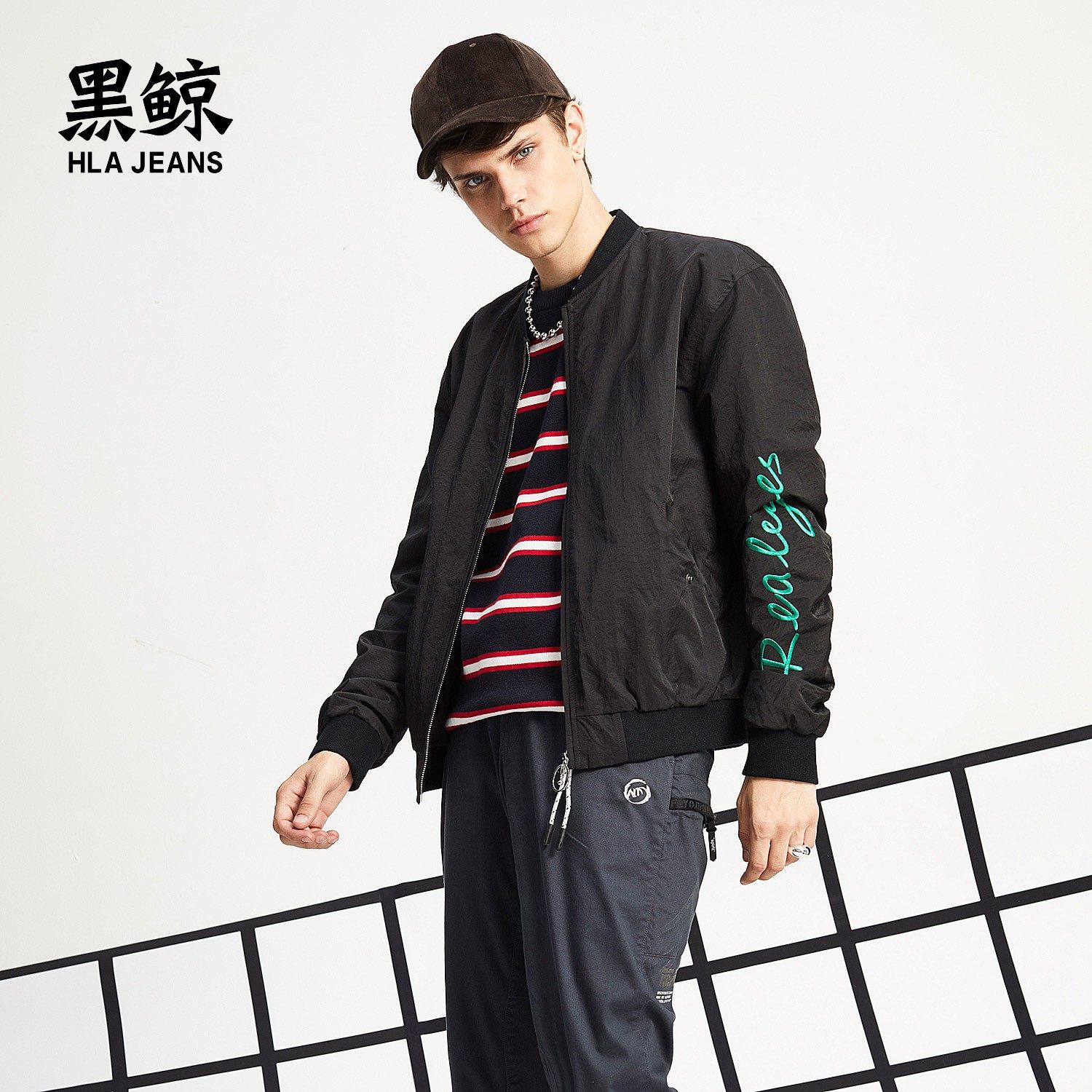 黑鲸hlajeans时尚休闲夹克男2018秋季新品撞色刺绣装饰外套男