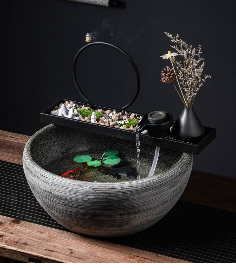 陶瓷鱼缸客厅喷泉桌面循环流水鱼缸家用小型办公室招财摆件养鱼盆