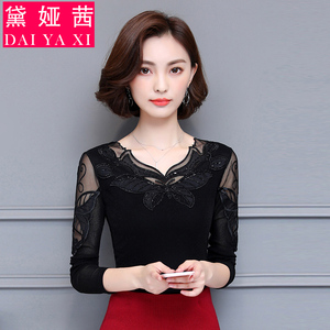 黑色蕾丝打底衫女长袖2018新款春秋百搭网纱镶钻上衣修身加绒t恤