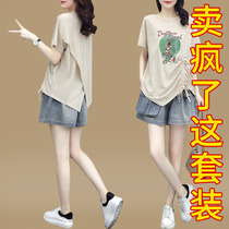 2021 summer new Korean loose size fashion set womens print T-shirt casual denim shorts two-piece set