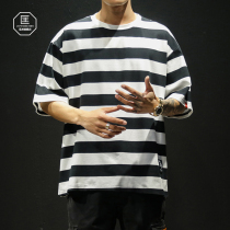 Summer Japanese thick striped short-sleeved T-shirt mens fat plus size fat loose top Tide brand half-sleeved T-shirt