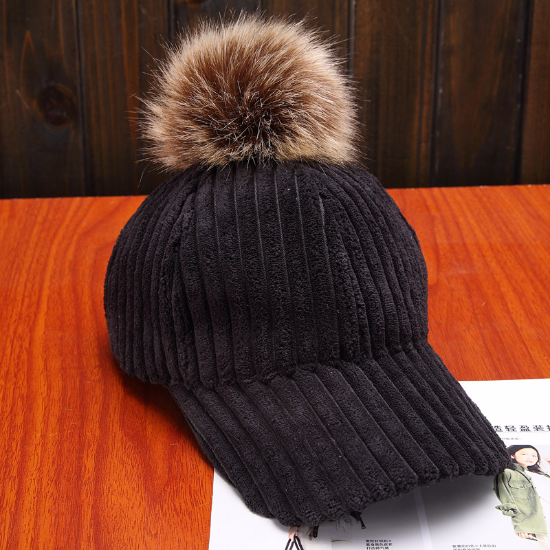 棒球帽女冬天灯芯绒帽子韩版潮女士休闲百搭真毛球光板保暖鸭舌帽_7折