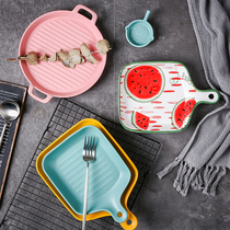 Creative Nordic ins plate with handle baking tray Household ceramic steak Western tableware oven net celebrity plate