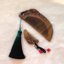 Wooden comb blooming rich green sandalwood half moon gift double-sided carved peony African acid branch ebony recommended