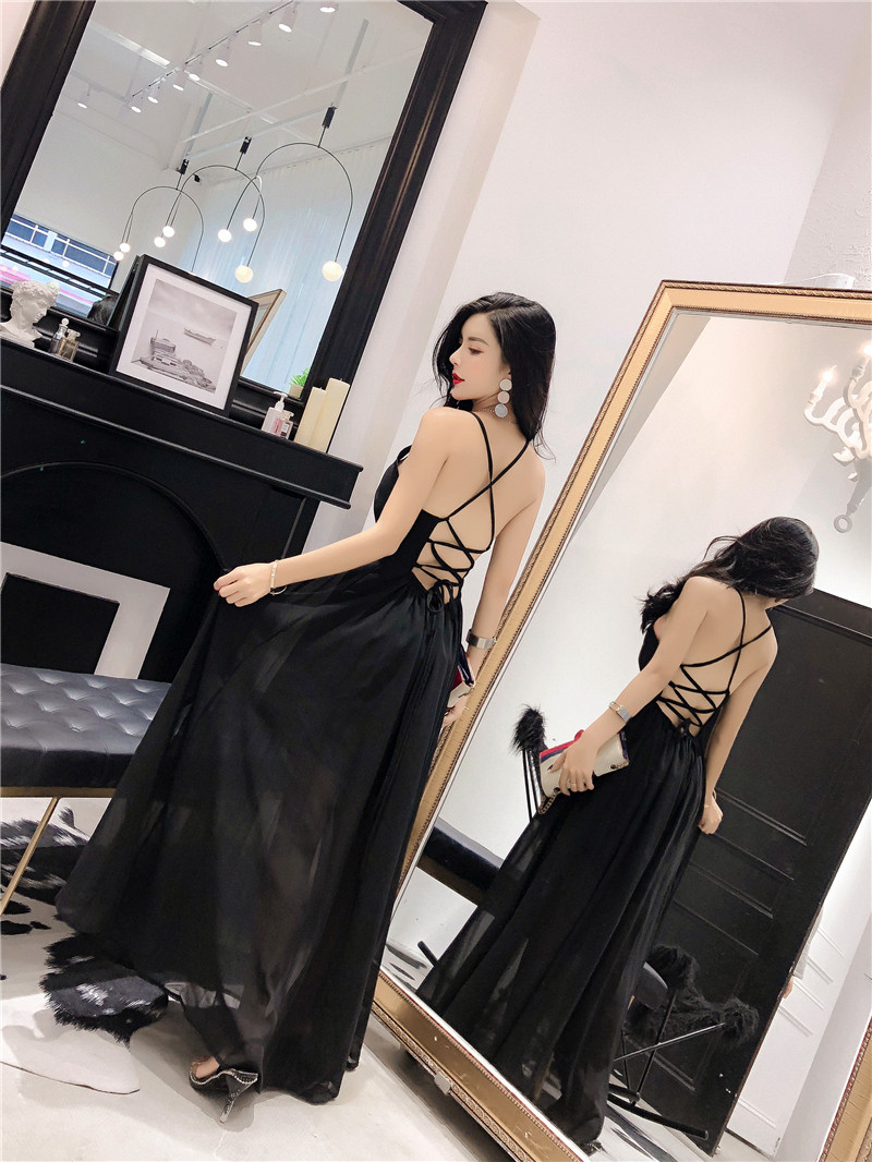 实拍波西米亚性感露背吊带雪纺连衣裙开叉长裙海边度假沙滩裙长裙