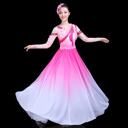 Chinese folk dance costumes for women Opening dance big swing dress performance dress female adult large dance flower blooming modern dress long skirt