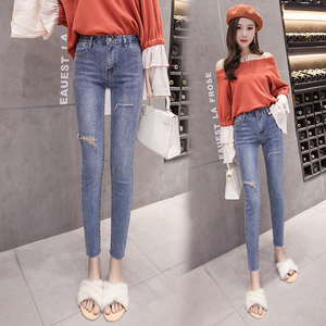 Korean version high waist slim pants nine hole pants stretch jeans