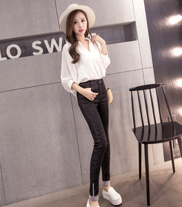 Korean version of elastic high waist curled ribbons slim jeans