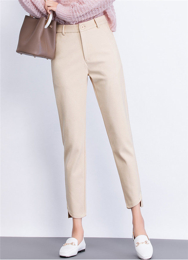 米色毛呢裤子女秋冬哈伦小脚九分裤高腰
