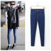 Spring and summer thin jeans Zhang Huiwen star pants with the same style Students high waist dark blue small feet pants womens nine-point pants