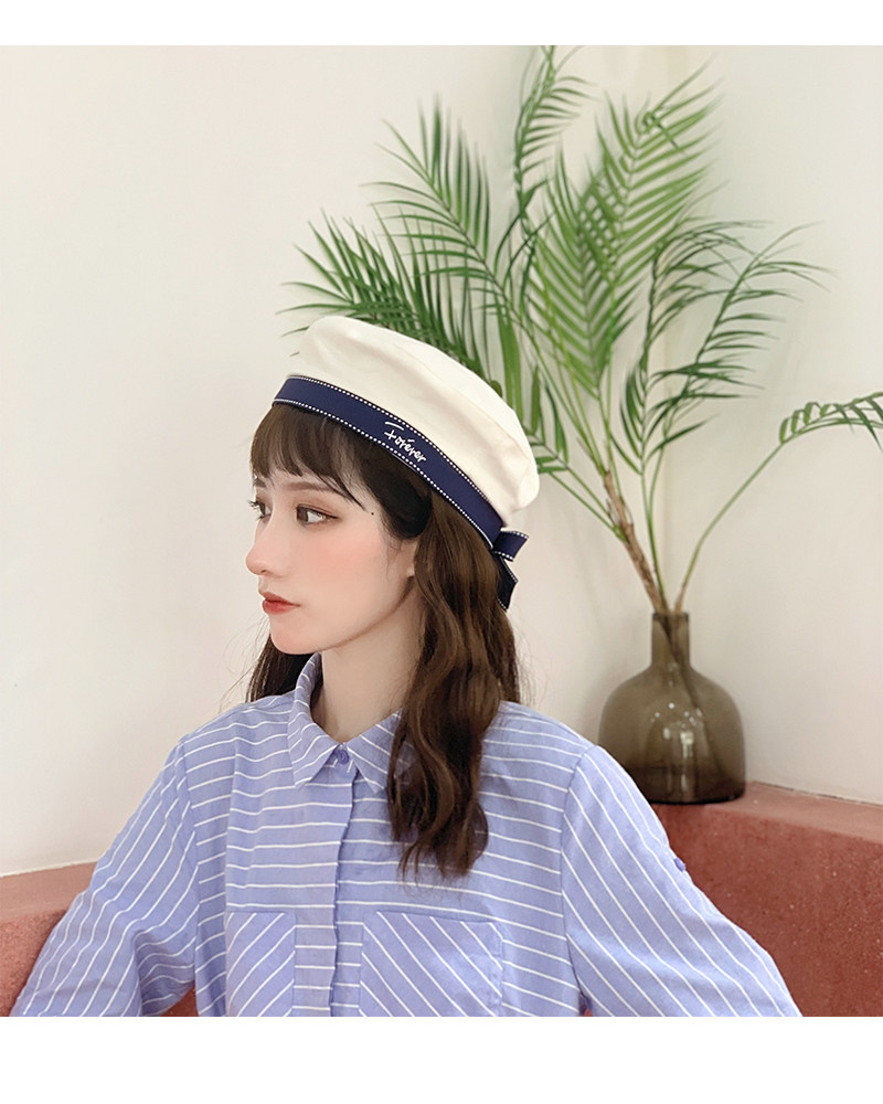 白色贝雷帽子女春夏天海军帽韩版刺绣字母蝴蝶结水手帽秋冬画家潮