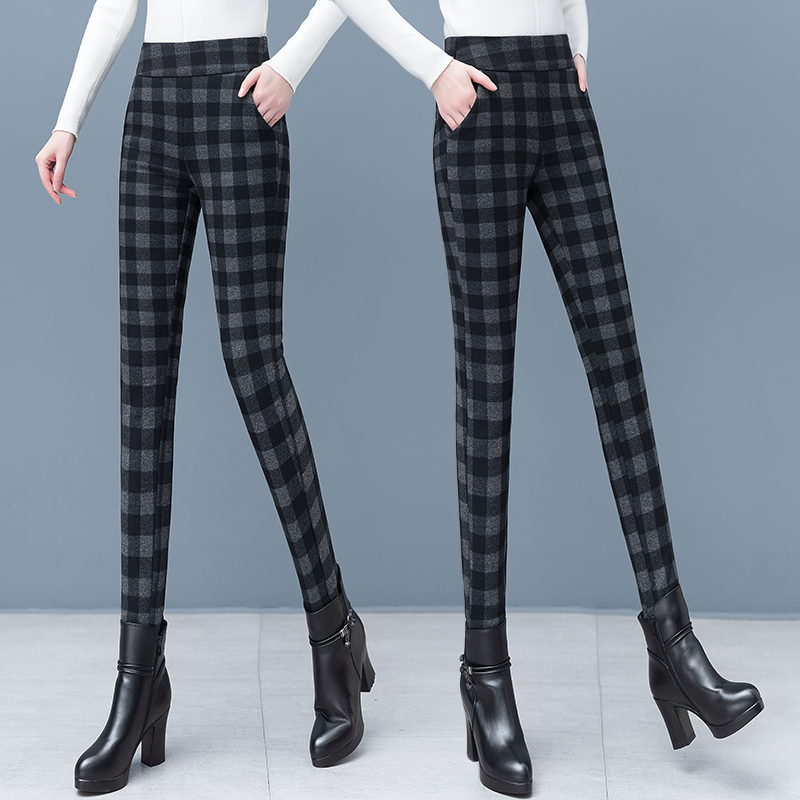 Add-down thickened underpants winter female outwear slim fit small foot pants autumn winter new plaid high waist conspicuble mom pants-Taobao