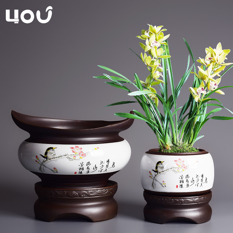 Lazy flowerpot automatic suction ceramic flower pot home of blue and white porcelain pot other special butterfly orchid orchid pot