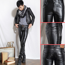 Riding leather pants mens locomotives spring and autumn leather pants mens velvet thickened medium trend beam feet high elastic Korean version waterproof workers