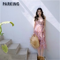 2021 summer new womens cherry blossom pink bead embroidery travel and vacation sexy dress suspender long skirt