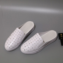 Summer Baotou genuine leather slippers flat bottom casual No back root sloth outside wearing cool tug small white shoes female white water drill half tug