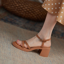 Blame Shu Millet ~ Coarse Heels with Mary Precious sandal women Summer with a pair of retro brown minimalist fashion womens shoes white