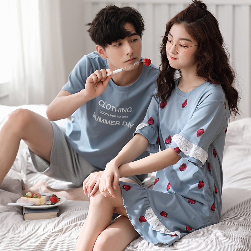 2 sets of price lovers' pajamas summer cotton men's home wear set korean version lovely nightdress women's short sleeve thin net red