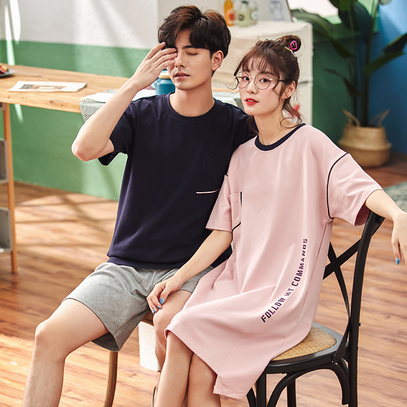 2 sets of price lovers' pajamas summer cotton men's home wear set korean version lovely nightdress women's short sleeve thin net red