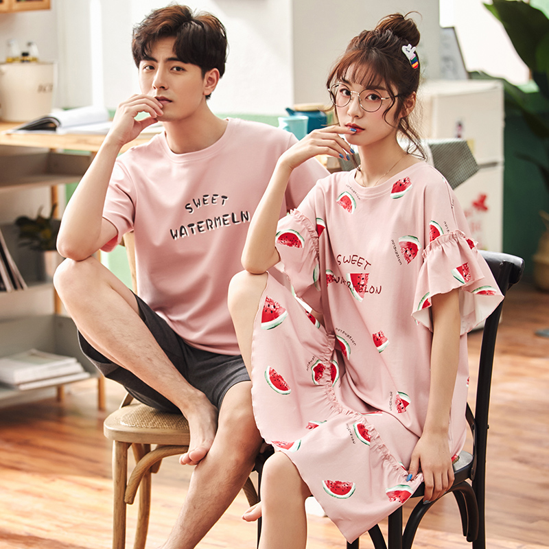 2 sets of price lovers' pajamas summer cotton men's home wear set korean version lovely nightdress women's short sleeve thin net red