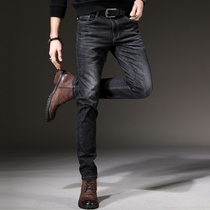 High-end elastic jeans male autumn 2022 new self-cultivated little foot casual men's pants add velvet and thicker pants in winter